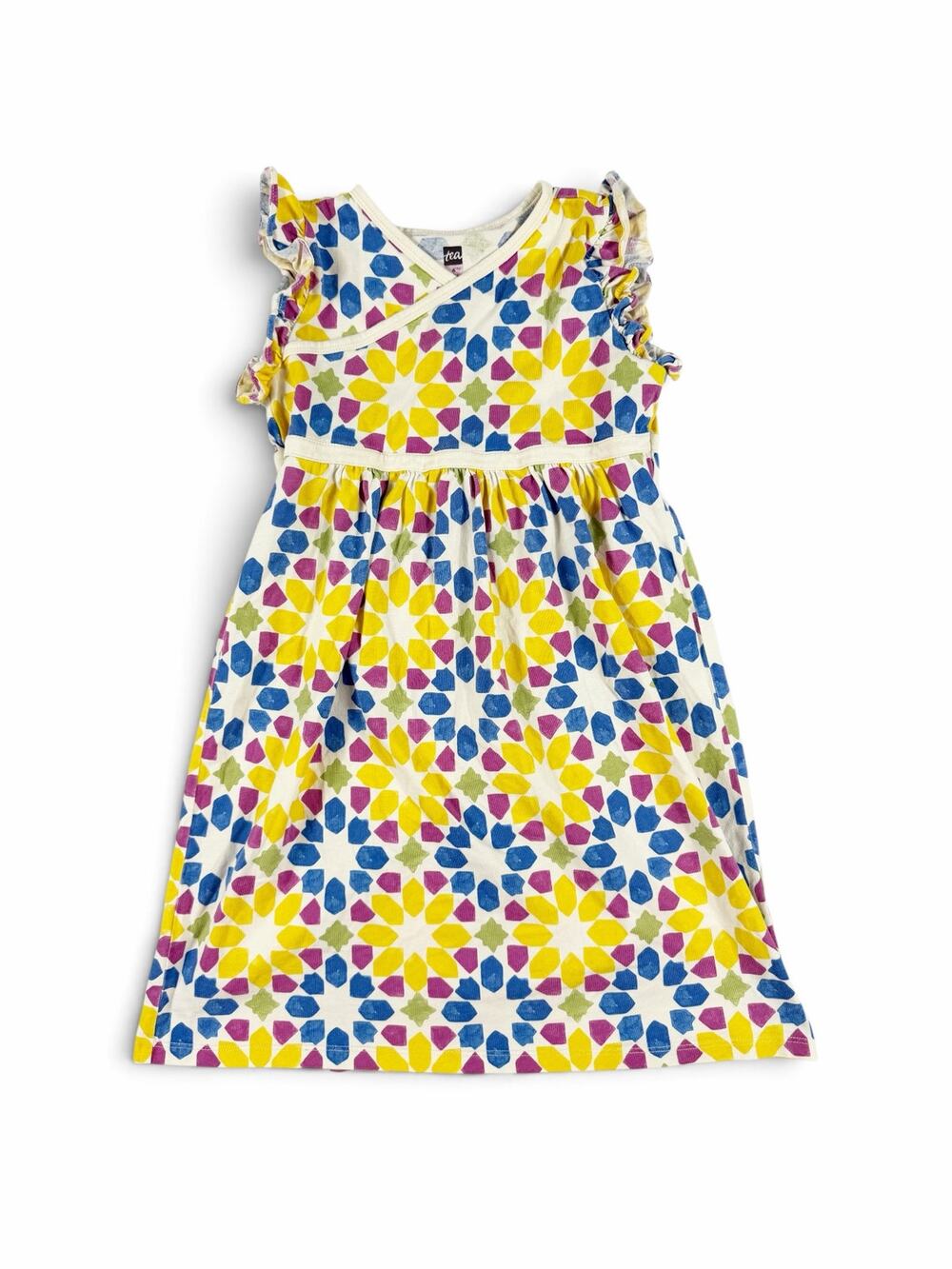 Tea Collection Wrap Neck Dress Geometric Tile Print Ruffle Sleeve Size 6